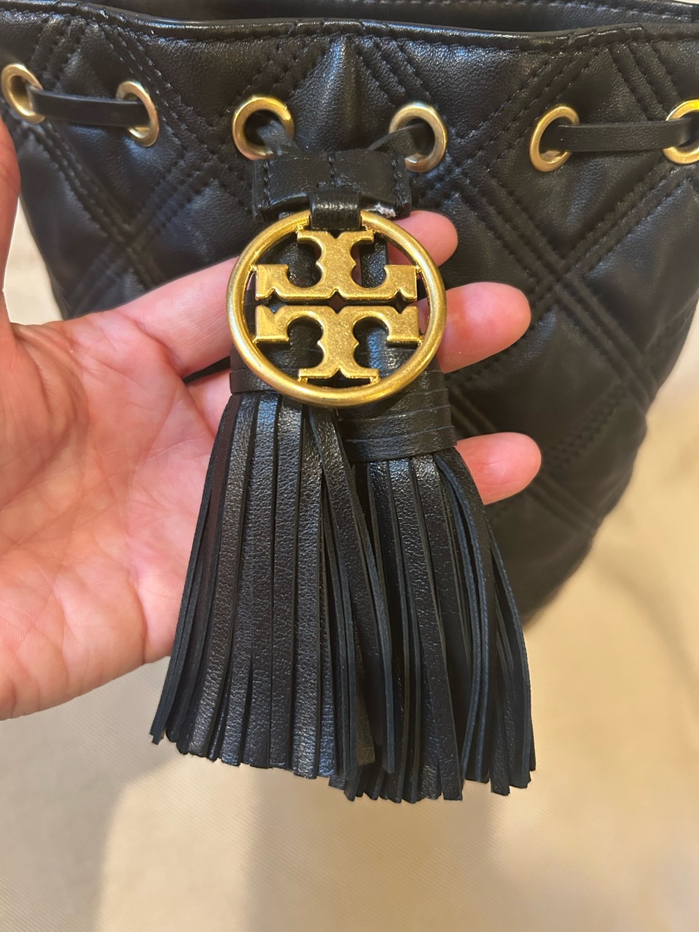 Tory Burch Flemming Mini Black Quilted Leather Bucket Bag with Tassels - Picture 13 of 14